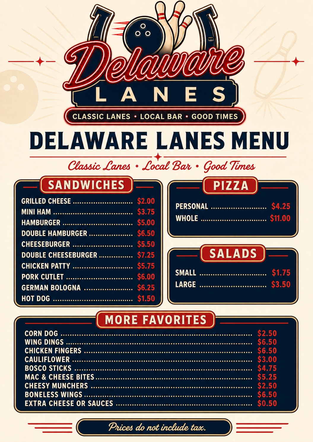 Delaware Lanes Menu page 1 — Sandwiches, Pizza, Salads, More Favorites
