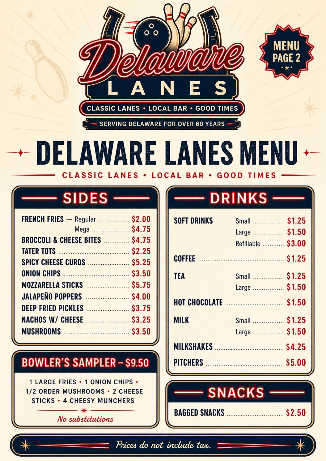Delaware Lanes Menu page 2 — Sides, Bowler's Sampler, Drinks, Snacks